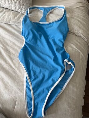 Women’s Blue One-Piece Swimsuit with White Trim - high leg, cut out